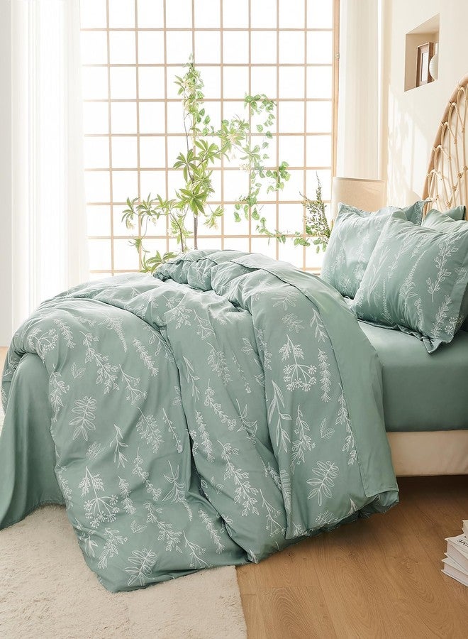 MUXHOMO Duvet Cover Queen Size, Reversible Floral Green Duvet Cover Set with Zipper Closure, 3 Pieces Botanical Patterns Soft Microfiber Bedding Set with 4 Ties (90"x90", 2 Pillow Cases) - Image 2